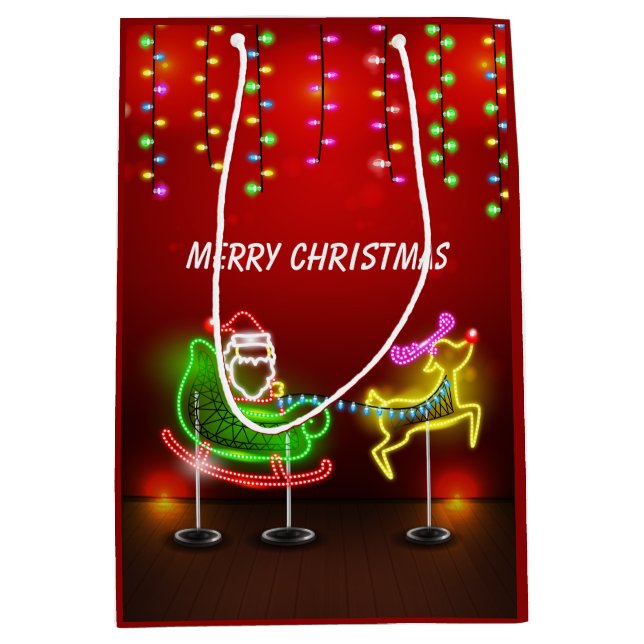 Neon Lights Santa and Rudolph Medium Gift Bag (Front)