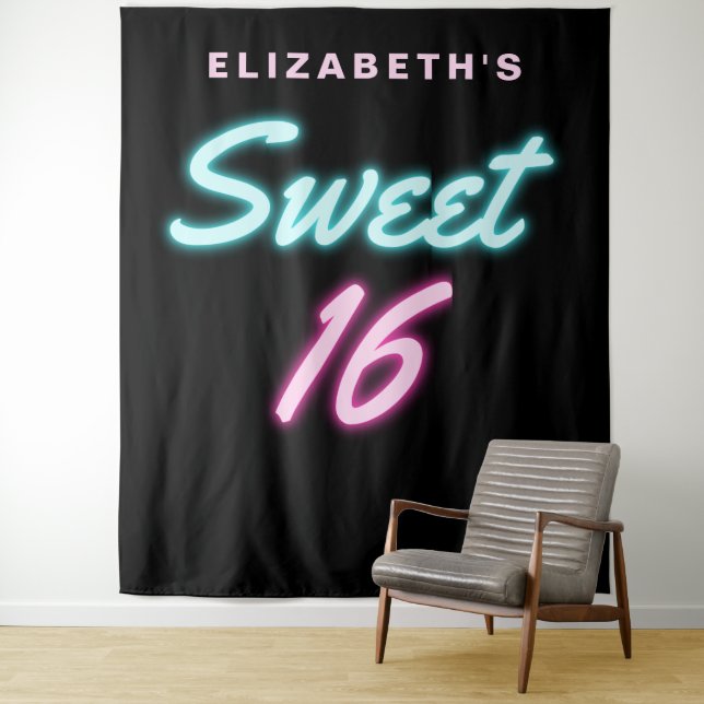 Neon Lights Sweet 16 Birthday Party Tapestry (In Situ)