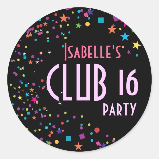Neon Lights Sweet 16 Club Party Favour Sticker (Front)