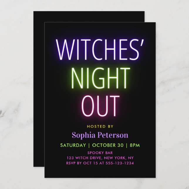 Neon Lights Witches' Night Out Halloween Party Invitation (Front/Back)