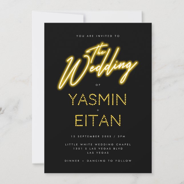 Neon Lights Yellow Black Casual Wedding Invitation (Front)