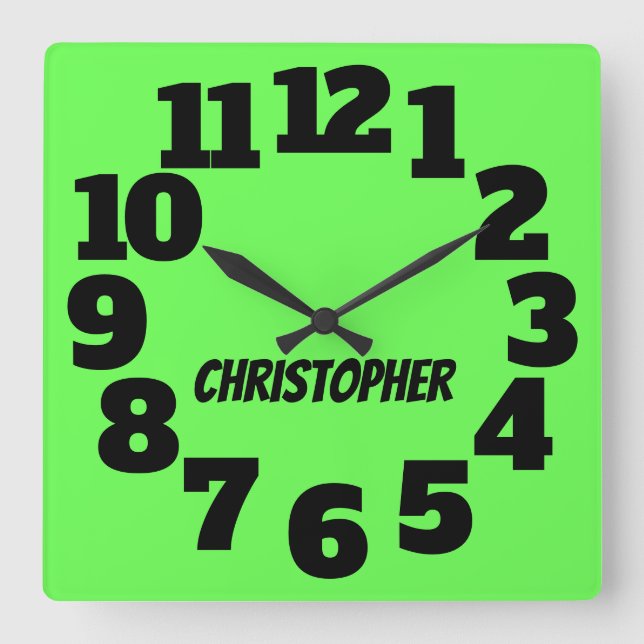 Neon Lime Green Big Numbers Square Wall Clock (Front)