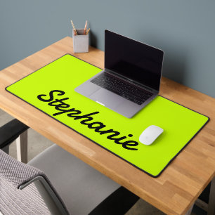 Neon Lime Yellow Modern Name   Trendy Minimalist Desk Mat