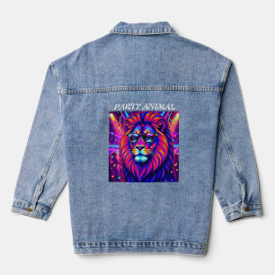 Neon Lion Party Animal – Colourful Retro Graphic Denim Jacket