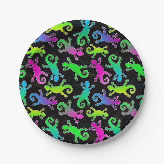 Neon Lizard and Leaf Pattern Paper Plate (Front)