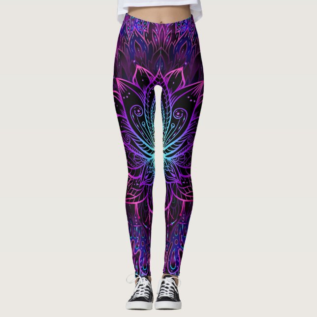 Neon Lotus Flower Boho Print Leggings (Front)