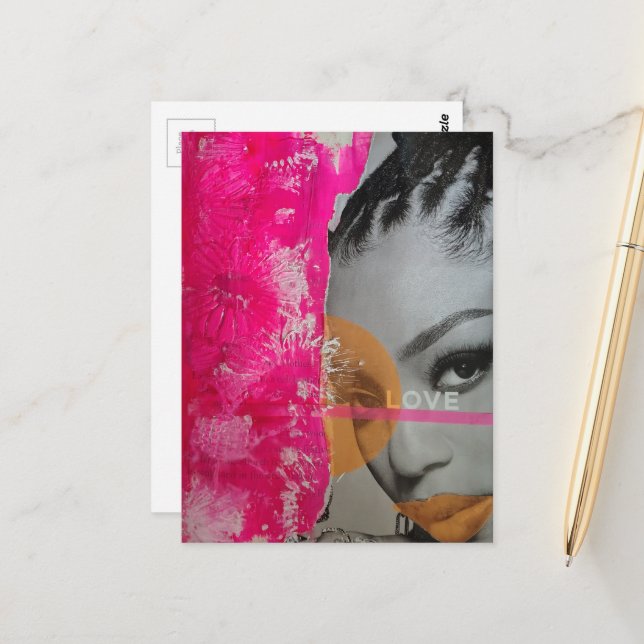 Neon Love Lady Mixed Media Collage  Postcard (Front/Back In Situ)