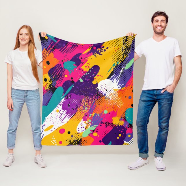 Neon Magenta Purple Grunge Paint Splatter Fleece Blanket (In Situ)