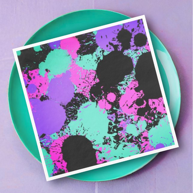 Neon Magenta Purple Teal Paint Splatter Birthday Napkin (Creator Uploaded)