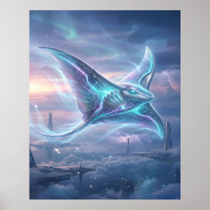 Neon Manta Ray Sky Ocean Poster
