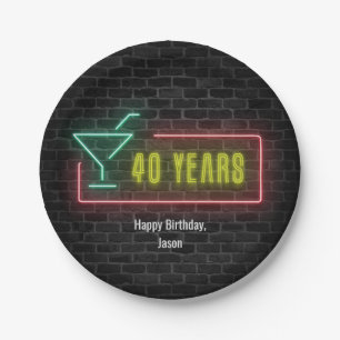 Neon marquee 40th Birthday sign on brick Paper Plate