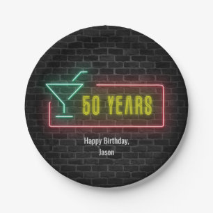 Neon marquee 50th Birthday sign on brick Paper Plate