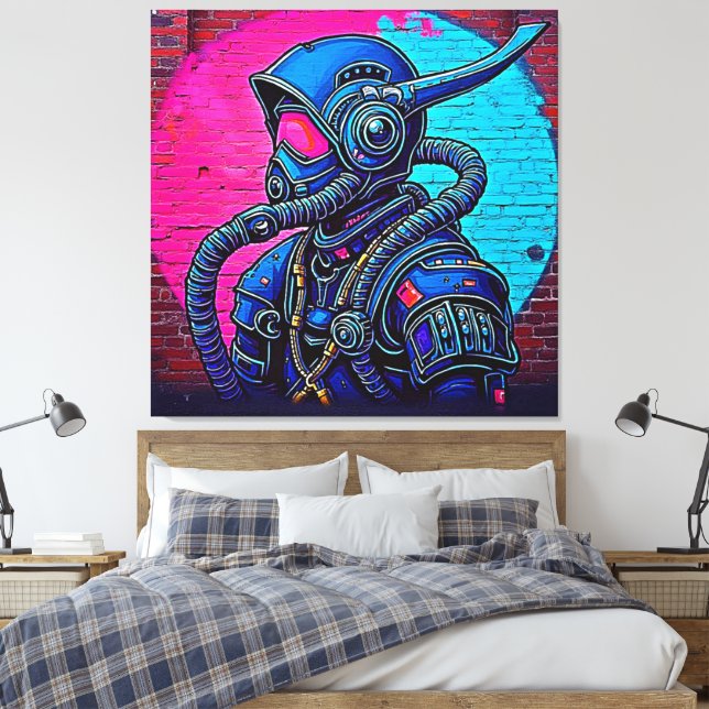 Neon Masked Wall Graffiti Figure Art Canvas Print (Insitu(Bedroom))