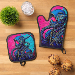 Neon Masked Wall Graffiti Figure Art Oven Mitt & Pot Holder Set