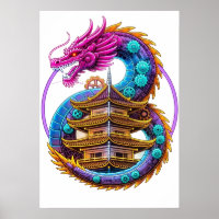Neon Mechanical Dragon Pagoda Emblem Art