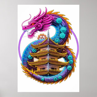 Neon Mechanical Dragon Pagoda Emblem Art Poster