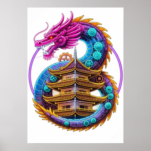 Neon Mechanical Dragon Pagoda Emblem Art Poster (Front)