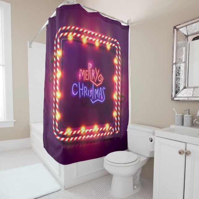 Neon Merry Christmas Candy Cane Shower Curtain (In Situ)