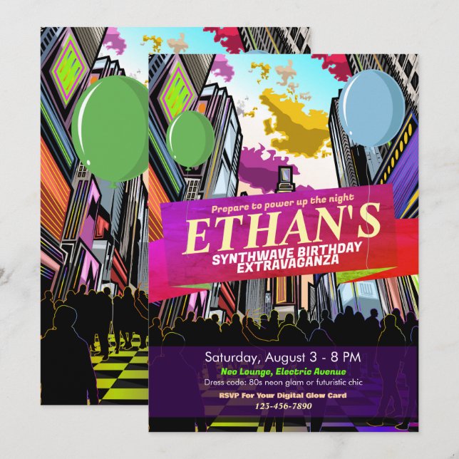 Neon Metropolis City Lights Birthday Invitation (Front/Back)