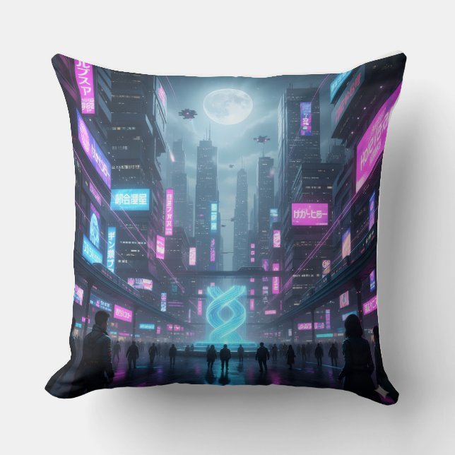 Neon Metropolis Pulse Throw Pillow (Front)