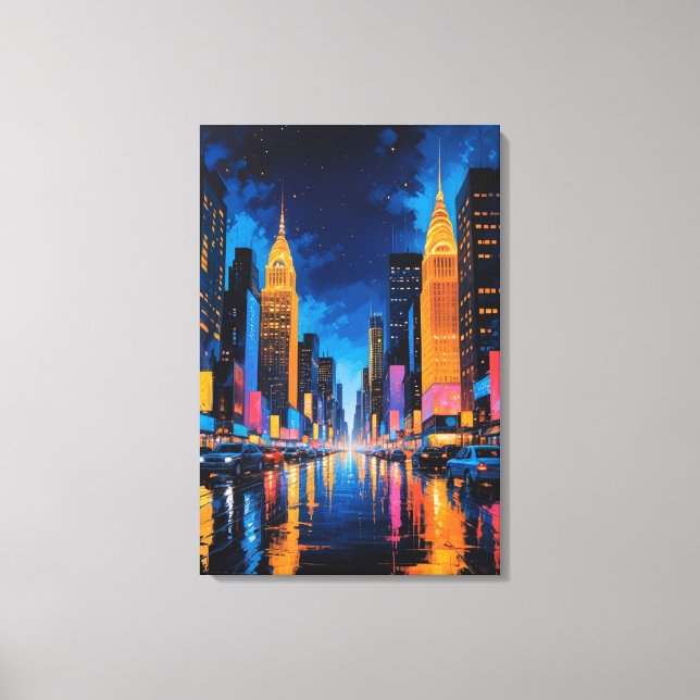 Neon Metropolis - Vibrant Nightscape Art Canvas Print (Front)