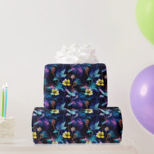 Neon Midnight Botanical Floral Pattern Wrapping Paper