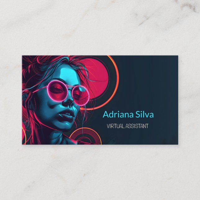 Neon Minimalist Futuristic Virtual Assistant  Business Card (Front)
