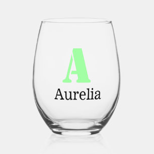 Neon Mint Elegant Initial Black Name Modern Stemless Wine Glass