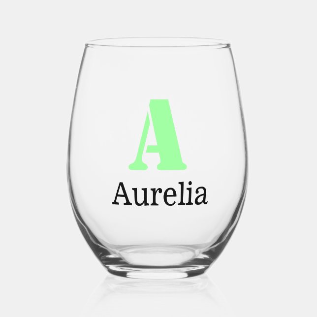 Neon Mint Elegant Initial Black Name | Modern  Stemless Wine Glass (Front)