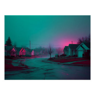 Neon Mist Suburban Nightscape Print