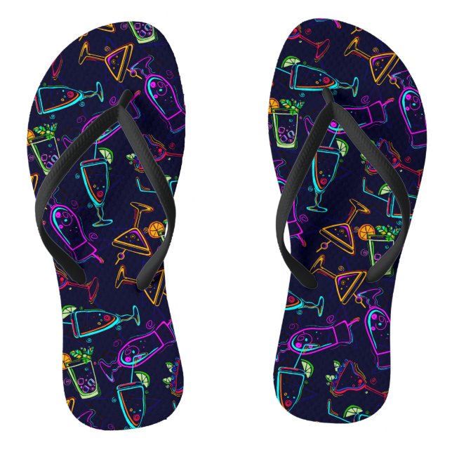Neon Mixed Drinks Cocktails on Black Jandals (Footbed)