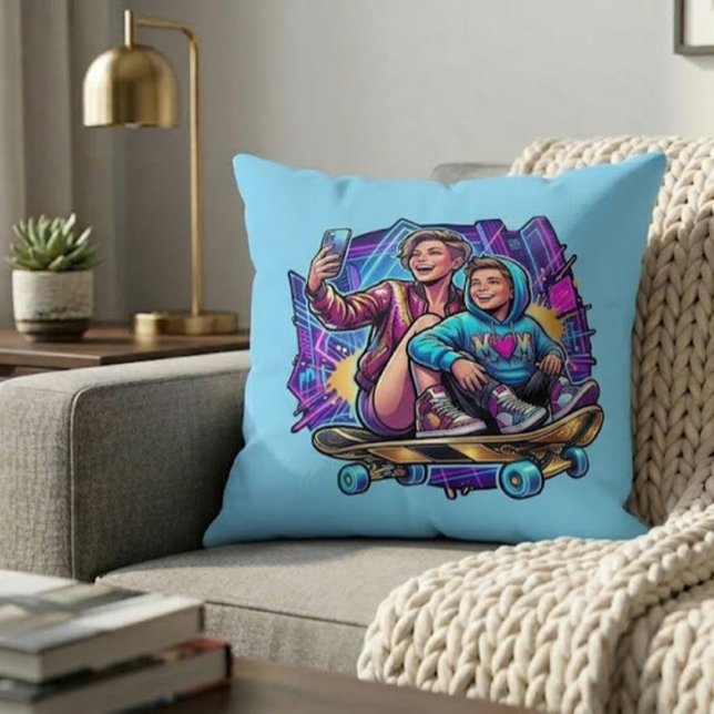 Neon Mom Son Skateboarding Art Theme Throw Pillow (Creator Uploaded)