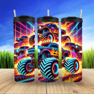 Neon Monster Truck Racing Flames Thrill Thermal Tumbler