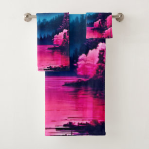 Neon Moonlit Fantasy Forest Lake Bath Towel Set