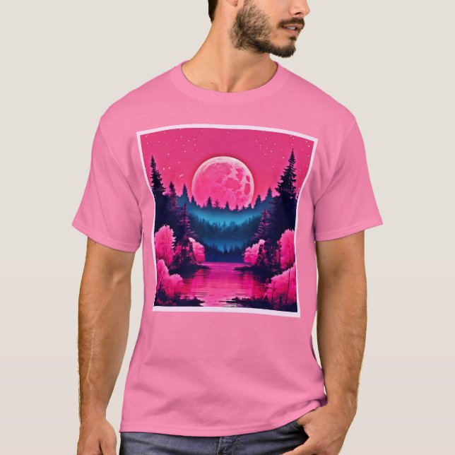 Neon Moonlit Fantasy Forest Lake T-Shirt (Front)