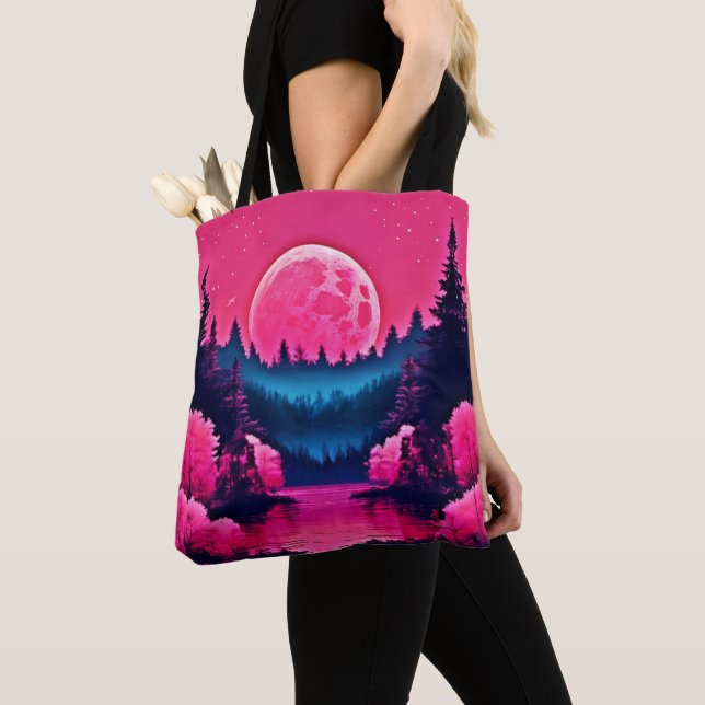 Neon Moonlit Fantasy Forest Lake Tote Bag (Close Up)