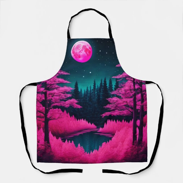 Neon Moonlit Forest Fantasy Art Apron (Front)