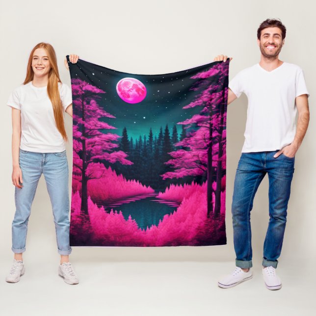 Neon Moonlit Forest Fantasy Art Fleece Blanket (In Situ)