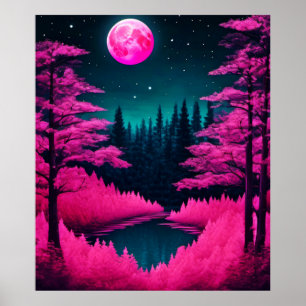 Neon Moonlit Forest Fantasy Art Poster