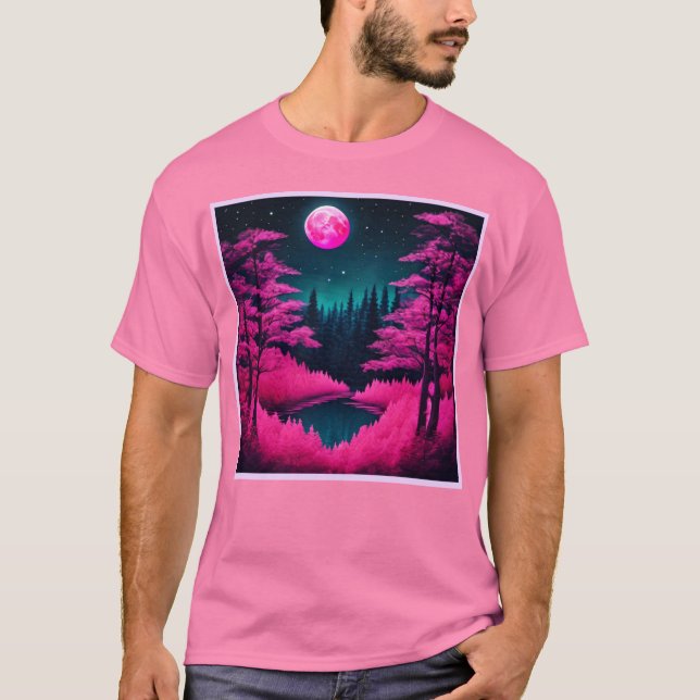 Neon Moonlit Forest Fantasy Art T-Shirt (Front)