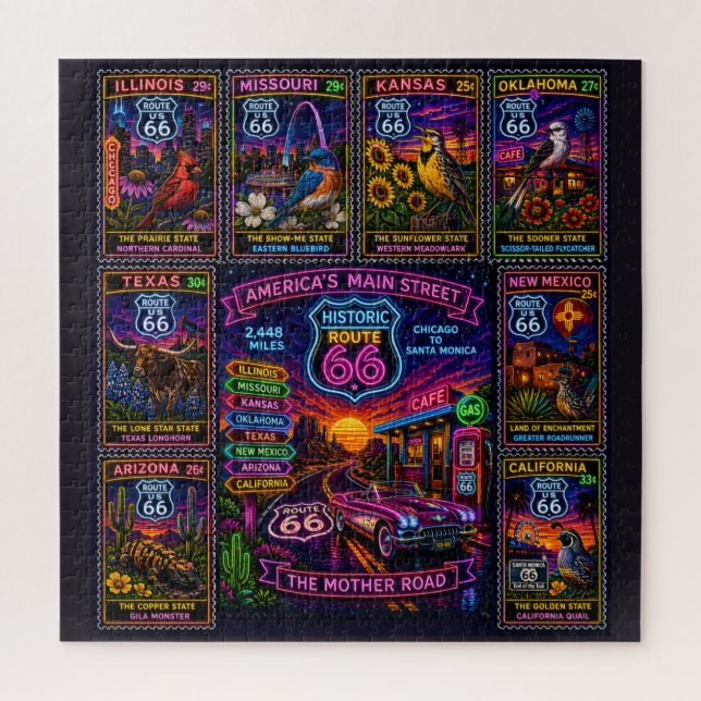 Neon Mother Road States Map Jigsaw Puzzle (Vertical)