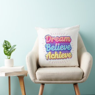 Neon motivational quote 'Dream believe achieve' Cushion