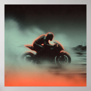 Neon Motorcycle Rider in Rain and Mist Poster