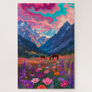Neon Mountain Valley - Psychedelic Horses & Pink C Jigsaw Puzzle