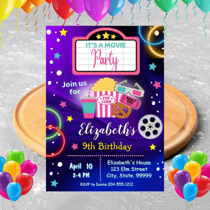 Neon Movie Night Girl Birthday Party Invitation