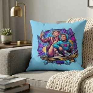 Neon Mum Son Skateboarding Art Theme Throw Pillow