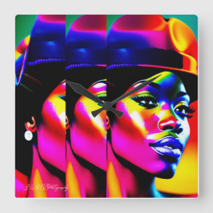 NEON MUSE: Electric Iridescence Square Wall Clock