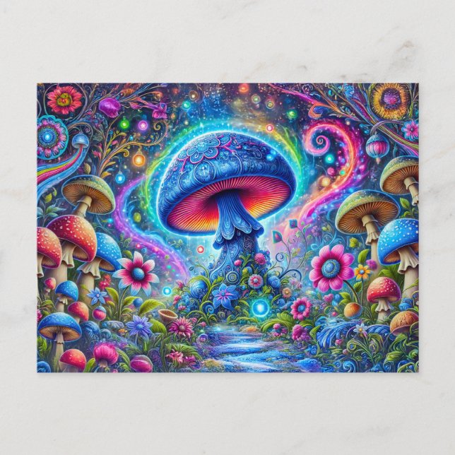 Neon Mushroom Glow Psychedelic Fantasy Forest Postcard (Front)