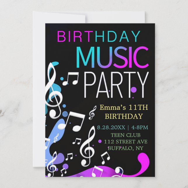 Neon Music Birthday Party Invitation (Front)