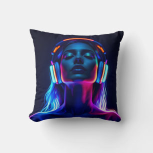 Neon Music Meditation – Woman with Headphones Art Cushion